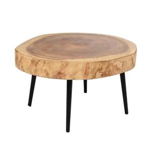 Mesa de centro redonda moderna hecha de madera maciza de suar con color natural y patas de hierro para uso en interiores y exteriores. - Product Image 6