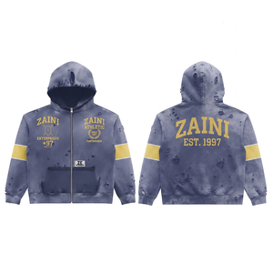 Sweat à capuche zippé en molleton de coton et polyester premium 500 GSM, effet vieilli, avec empiècements bleu marine et jaunes, logo personnalisé sérigraphié - Product Image 1