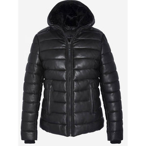 Women Quilted Sheep <b>Leather</b> Puffer Jacket Winter Bomber Style <b>Coat</b> <b>with</b> Faux <b>Fur</b> Hood Cotton-Filled & Silk-Lined - Product Image 2