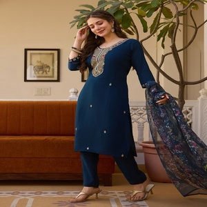 Nuevo 2025 última hermosa Ropa Étnica viscosa Chanderi con bordado de cuentas Kurti pantalón y Dupatta para la venta - Product Image 1