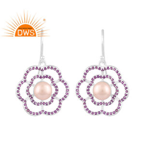 Excellent Quality Sterling <b>Silver</b> Natural Pearl & Amethyst Gemstone Floral Design <b>Dangle</b> <b>Earring</b> Custom Jewelry Manufacturer - Product Image 1
