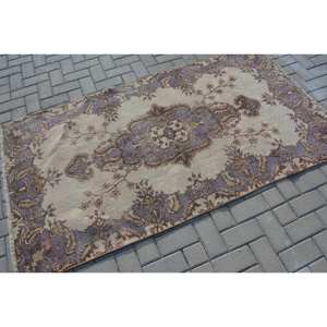 Alfombra turca Vintage de 3,6x6,5 pies, Beige, púrpura, estilo clásico, diseño de retazos, Material de lana, látex, decoración de área grande para adolescentes - Product Image 2