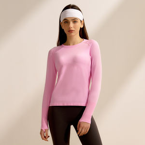 Camiseta Ecológica de Manga Larga para Mujer, Venta al por Mayor, Impresión de Logotipo Personalizado, Ropa Deportiva sin Costuras, 100% Algodón, Tela de Felpa, OEM - Product Image 4