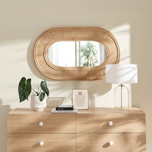 Miroir mural en verre ovale en rotin tressé de style côtier - Décoration d'intérieur artisanale écologique - Product Image 1