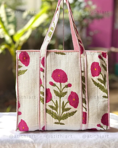 100% Cotton Eco Quilted <b>Tote</b> Bag Reusable Soft Padded <b>Zipper</b> Closure Shopping Travel Daily Carry Lightweight Durable - Product Image 4