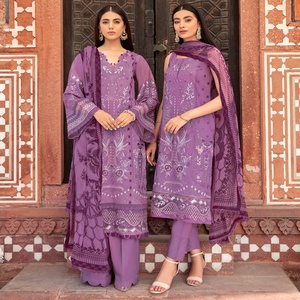Haute qualité dames 3 pièces pakistanais brodé imprimé pelouse chemise Dupatta pantalon costumes coton non cousu/cousu disponible - Product Image 4