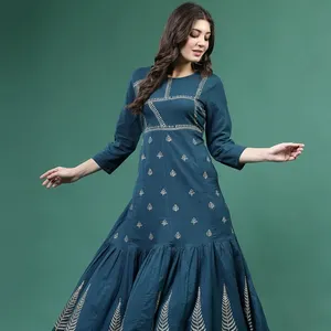 Women's Blue Color Printed Anarkali Kurta Traditional Indian Pakistani Suits For Women Pure Cotton Unique Ethnic Wear Kurti Sets