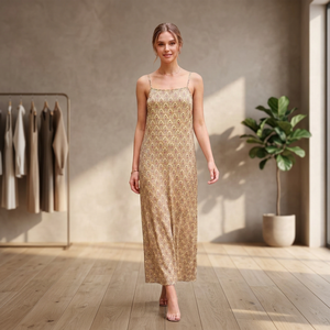 Robe longue style bohème à imprimé géométrique, bretelles spaghetti, coupe ample, en viscose tissée, décontractée d'été, coupe trapèze, dos nu - Product Image 4