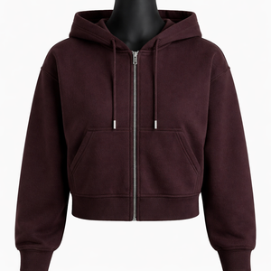 Sudadera corta con capucha y cremallera completa para mujer, de forro polar, color burdeos liso, estilo urbano, longitud corta, personalizable con logo. - Product Image 1