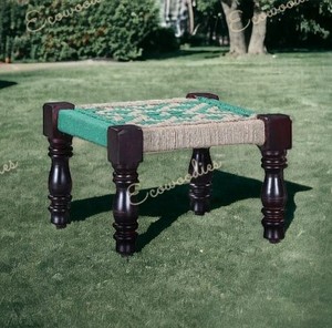 Élégant tabouret ottoman Peeda en corde tressée vert et blanc, en bois, écologique, léger et empilable, pour entrée, chambre, supermarché - Product Image 4