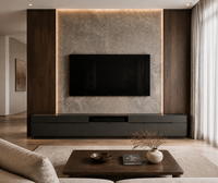 Meuble TV mural intégré moderne KEJIA avec éclairage LED, texture bois et pierre, et tiroirs