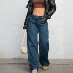 Moda de moda de cintura alta para mujer Jeans de mezclilla Vintage de cintura alta Casual Streetwear Loose Fit pierna ancha - Product Image 1