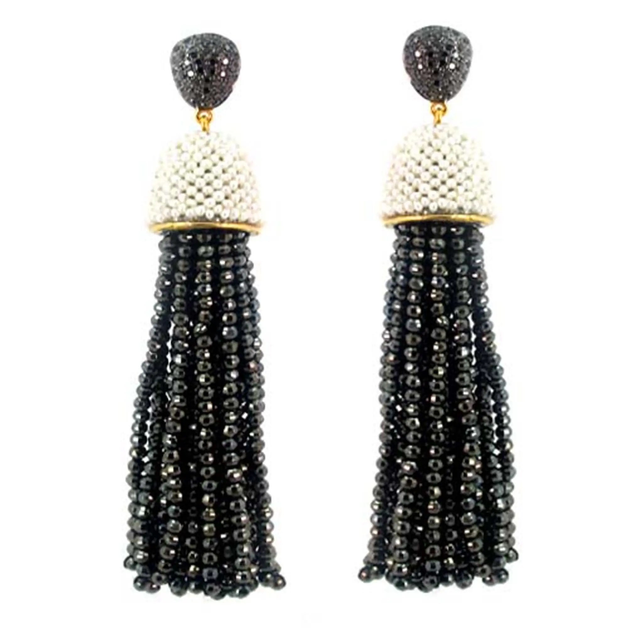 Genuine Pave Diamond Pearl and Black Spinel Beads Gemstone 14k Gold Tassel Earrings 925 Sterling Silver Fine Jewelry Wholesaler