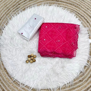 Saree en soie organza avec impression Bandhani et feuille de travail pour mariages et fêtes vêtements indiens et pakistanais - Product Image 1