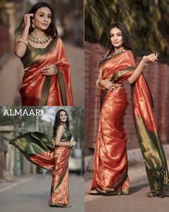 Sari de seda Banarasi Katan suave y elegante con tejidos de hilo de plata y oro puro para bodas y fiestas para mujeres - Product Image 2