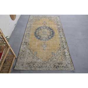 Tapis turc vintage jaune et bleu Patchwork Design laine et latex tissé à plat pour décor de salon 3.7 'X 6.9' - Product Image 1