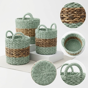 Natural Banana Bark Recycled <b>Plastic</b> Storage <b>Basket</b> Set Horizontal Band Arch Handle Pot Planter Organizer Setup Decor Pure Art - Product Image 2