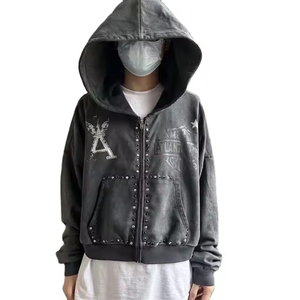 Strass de luxe surdimensionné personnalisé boxy 500gsm impression bouffante 3d coton éponge français sweat à capuche zippé vintage lavé en détresse - Product Image 1