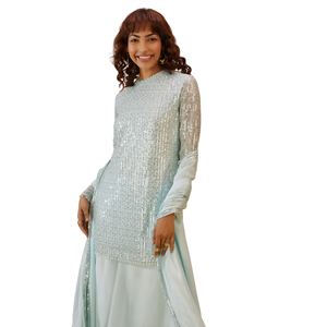 ชุดสูทพาลาซโซสีฟ้าผงเลื่อมสำหรับผู้หญิงเสื้อผ้าชาติพันธุ์ OEM ชุดปาร์ตี้งานแต่งงานออกแบบได้ตามต้องการ - Product Image 3