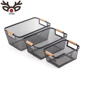 3-Piece <b>Wire</b> <b>Basket</b> Set with Wooden Handle - Kitchen & Home Storage Organizer / Black - Product Image 1
