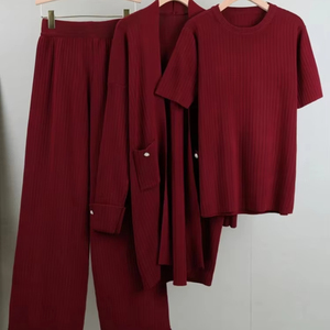 ชุดเสื้อสเวตเตอร์ถักยาว3ชิ้นสำหรับผู้หญิงฤดูใบไม้ร่วงฤดูหนาวเสื้อสเวตเตอร์คาร์ดิแกนแขนสั้นและกางเกงขากว้างชุดแฟชั่นหรูหรา - Product Image 1