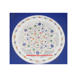 Fabricant de plaque de marbre blanc incrusté de marbre sculpté à la main avec un beau design de fleur utilisé pour la maison et l'hôtel cadeau décoratif - Product Image 1