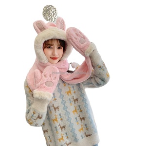 New Korean Version Winter Warm Three-Piece Set Small Rabbit Ears Hat Scarf <b>Gloves</b> with Dot and Bow Patterns for Beach Scenes - Product Image 4