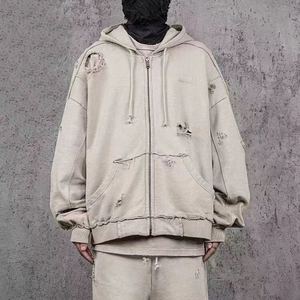 เสื้อฮู้ดดี้ผู้ชายสไตล์วินเทจ ผ้าคอตตอนผสม ซิปหน้า ลุคสบายๆ สไตล์คนเมือง แต่งขาดๆ ดูเท่ๆ - Product Image 3
