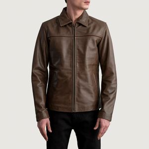 Veste en cuir marron personnalisée pour hommes, col montant, fermeture à glissière avec logo à l'avant, design décontracté pour l'hiver, service OEM, coupe-vent - Product Image 4