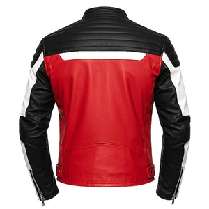 Chaqueta de motorista de cuero auténtico rojo y blanco para hombre, estilo Retro de carreras, ropa de calle ajustada, chaqueta de moto Cafe Racer - Product Image 6