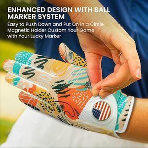 Golf Gloves Women's Breathable Soft All-Weather Golf Gloves with USA Flag Ball <b>Marker</b> Left Hand Grip Printed Pattern for Golfers - Product Image 4