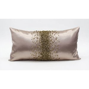 Champagne Beige Lumbar <b>Cushion</b> with Gold Beadwork | <b>Rectangular</b> Decorative Accent Pillow for Sofa Bedroom and Modern Home Decors - Product Image 1