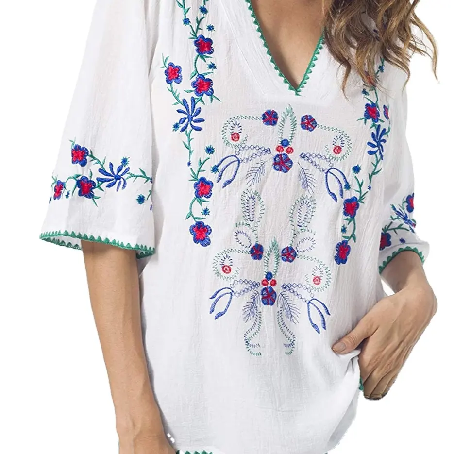 Bohemian Mexican Peasant Blouse Boho Embroidered Dress Hippie Tunic Style Handmade Floral Embroidery for Women