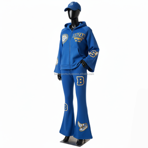 Survêtement en polaire pour femmes Premium 340 GSM Pantalon évasé bleu royal Ensemble de sweat à capuche zippé avec logo brodé 3D Survêtements grande taille - Product Image 4