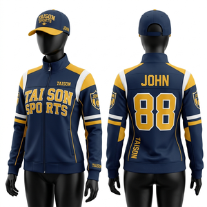 Chaqueta de Entrenamiento de Fútbol Americano para Mujer, 340 GSM, Poliéster y Spandex, Felpa, Azul Marino, Paneles Blancos y Dorados, Logotipo Personalizado - Product Image 1