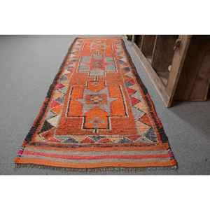 Alfombra turca Vintage de 3x9,7 pies, retales naranja y gris, material de lana y viscosa de estilo clásico, respaldo de látex para sala de estar - Product Image 2