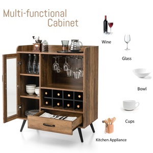 Meuble Bar en Bois Style Mid-Century Moderne, Meuble à Liqueurs Autoportant, <span class=keywords><strong>Buffet</strong></span> avec Casier à Vin et Porte Vitrée – Vente en Gros - Product Image 3