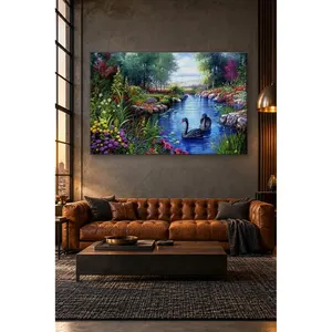 Impression sur toile de cygnes noirs Fida dans un étang de jardin fleuri - Product Image 3