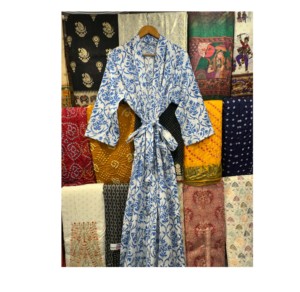 Bata Kimono de Algodón, Bata de Dama de Honor con Estampado de Bloques, Ropa de Dormir de Verano, Talla Única - Product Image 1