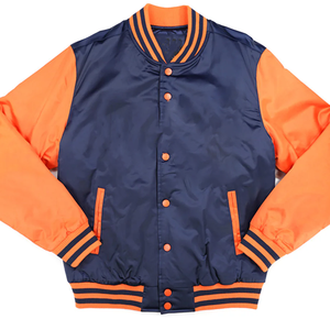 Chaqueta Bomber de Béisbol Varsity Personalizada Azul Marino y Naranja para Hombre, Unisex, Primavera, Seda/Algodón, Logotipo Frontal, Estilo Clásico Universitario - Product Image 1