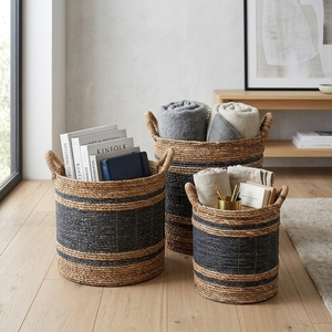 Natural Banana Bark Recycled <b>Plastic</b> <b>Basket</b> Set Black Stripe Coiled Cylinder Arch Handle Pot Planter Pure Art Setup Room Decor - Product Image 5