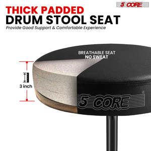 5 Core <b>Drum</b> Throne 3 Thick Padded Memory Foam Comfortable Drummer Stool 330Lb Capacity Adjustable - Product Image 2
