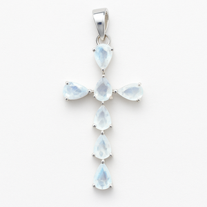 Pendentif Croix en Pierre de Lune Argent Sterling Plaqué Rhodium Minimaliste Élégant pour Femme Cadeau de Mariage ou de Fête 6x4mm Forme Poire Sertissage à Griffes - Product Image 2