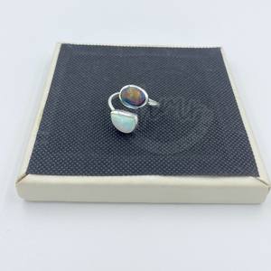 Belle bague réglable en argent sterling 925 faite à la main avec pierres précieuses opales Double pierre bijoux de créateur - Product Image 5