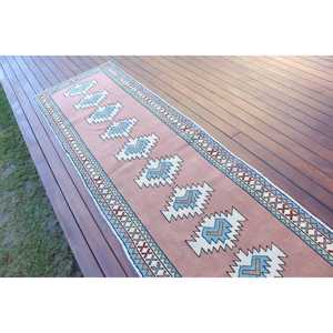 Turkish Vintage <b>Runner</b> Rug 2.9x10.2 ft, <b>Red</b> Blue Check Wool Rug - Product Image 3