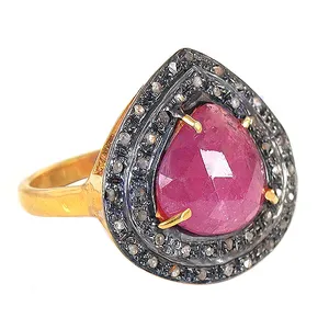 Bague en or 10 carats plaqué or avec rubis et diamants, taille poire, bijoux de fiançailles, finition rhodiée, pureté du métal 14 carats, technologie d'incrustation pour femmes - Product Image 3