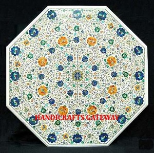 Mesa de forma octogonal de aspecto atractivo para decoración del hogar, mármol blanco de primera clase, incrustaciones de diseño de flores hermosas hechas a mano - Product Image 1