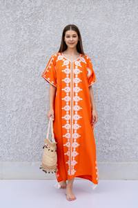 Vestido Maxi Tipo Kaftan Boho 2026, Nuevo, Hermoso, Color Naranja, Elegante, Bordado, 100% Rayón, Media Manga, Cuello en V, Largo hasta el Tobillo - Product Image 3