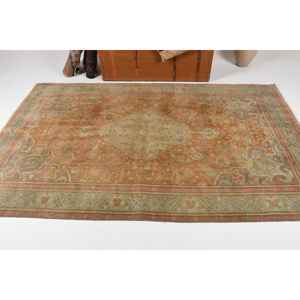 0.4x7.2 ft Vintage Rug, Turkish <b>Runner</b> Rug, Brown <b>Green</b> Bordered Rug - Product Image 3