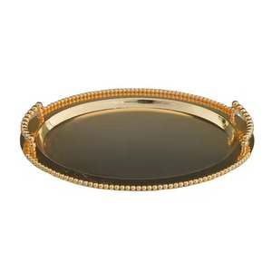 Wholesale Modern Customizable Logo Rounded Metal Chocolate <b>Tray</b> With Embossed Handle In Golden Colour - Product Image 1